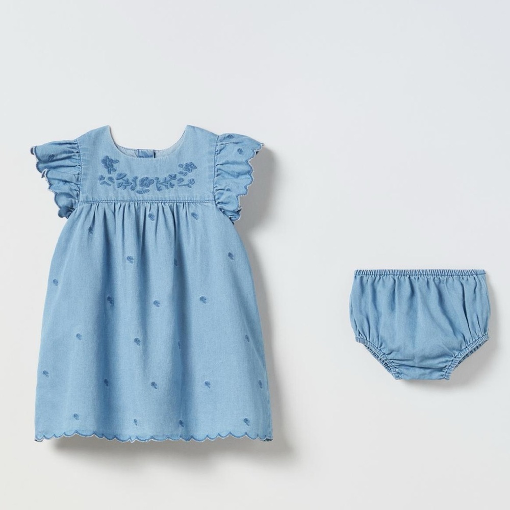 Zara Light Denim Embroidered Baby Dress with Bloomers